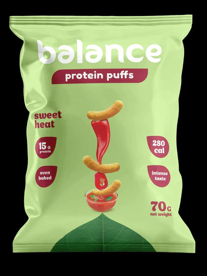 Balance 15 Protein Gram - Puffs Sweet Heat - 10x70 Gram Baked Oven - fresh produced.