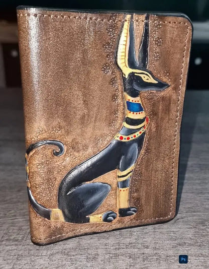 Handmade Genuine Leather Passport Cover - Black Pharaoh Cat - fresh produced.